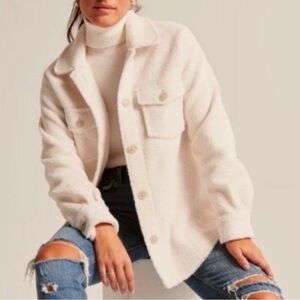Abercrombie & Fitch Sherpa Shirt Jacket Faux Fur Cozy Teddy Jacket Cream Medium